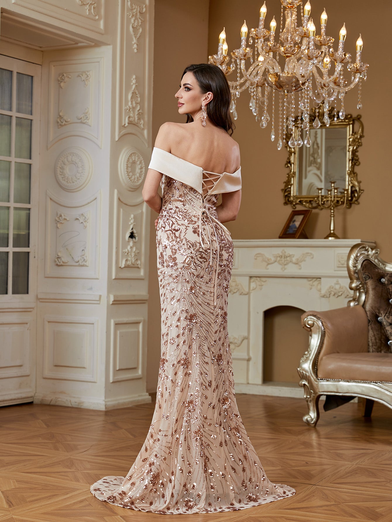 Champagne Sequin Satin Bow Off‑Shoulder Mermaid Dress
