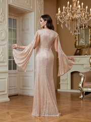 Champagne Pink Sequin Cape Sleeve V‑Neck Mermaid High Slit Evening Gown
