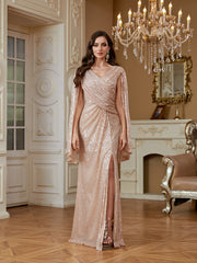 Champagne Pink Sequin Cape Sleeve V‑Neck Mermaid High Slit Evening Gown