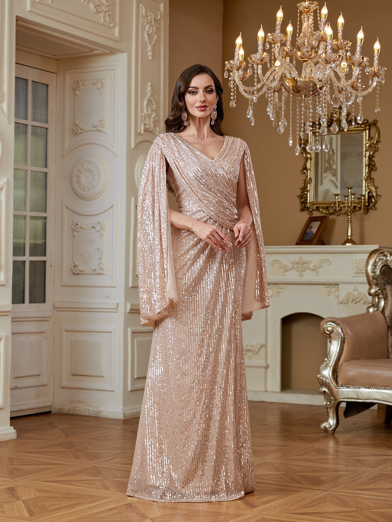 Champagne Pink Sequin Cape Sleeve V‑Neck Mermaid High Slit Evening Gown