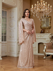 Champagne Pink Sequin Cape Sleeve V‑Neck Mermaid High Slit Evening Gown