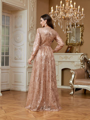 Rose Gold Floral Sequin Long Sleeve A‑Line Evening Gown