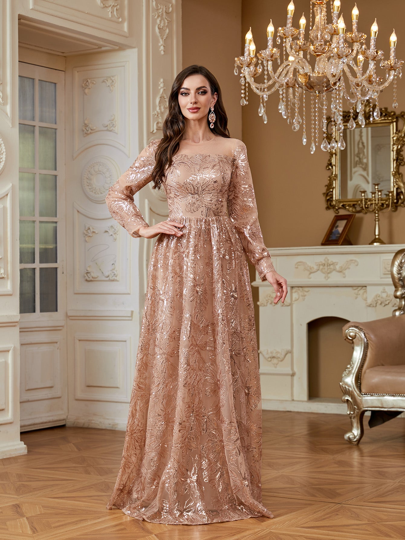 Rose Gold Floral Sequin Long Sleeve A‑Line Evening Gown