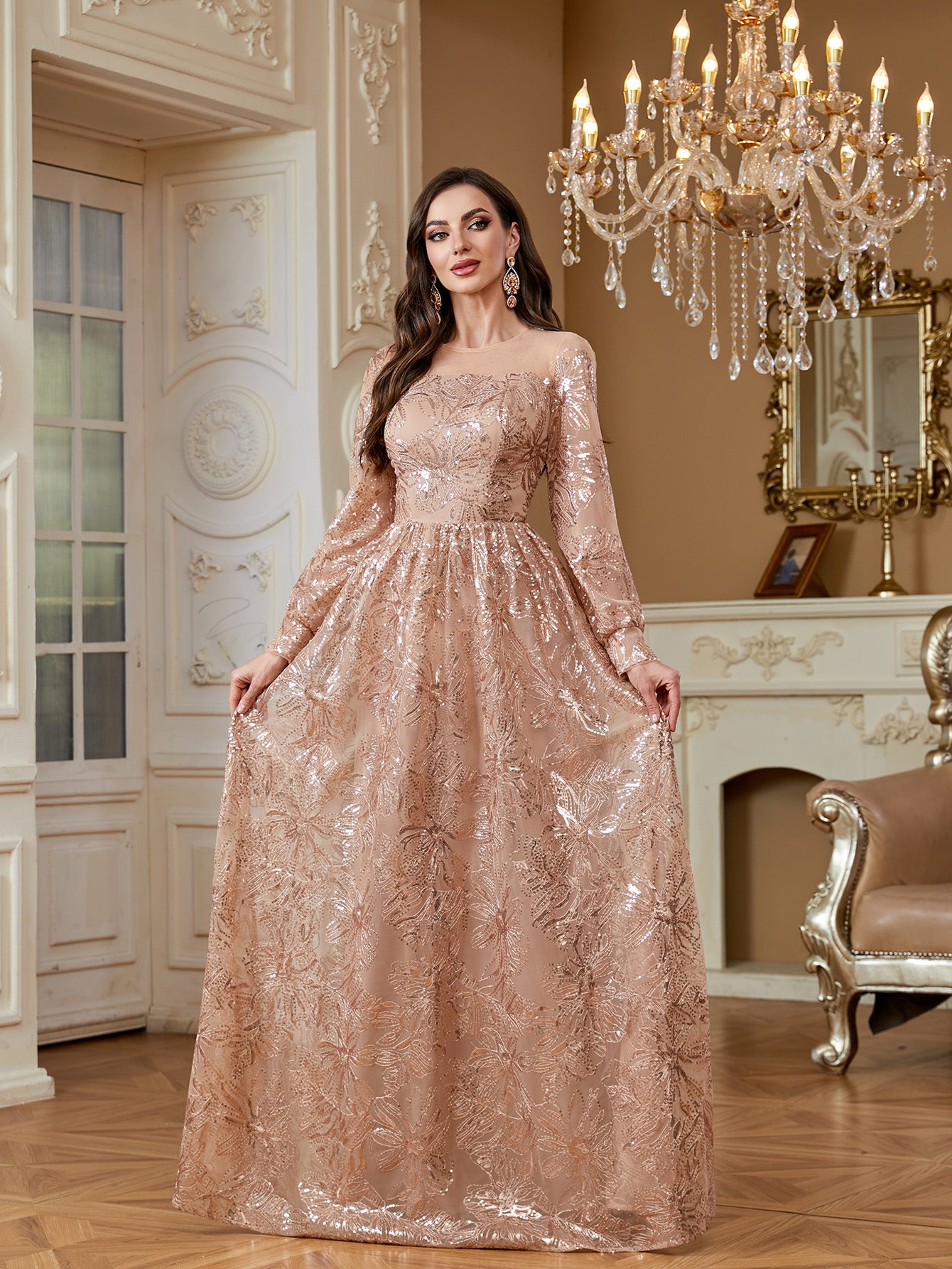 Rose Gold Floral Sequin Long Sleeve A‑Line Evening Gown