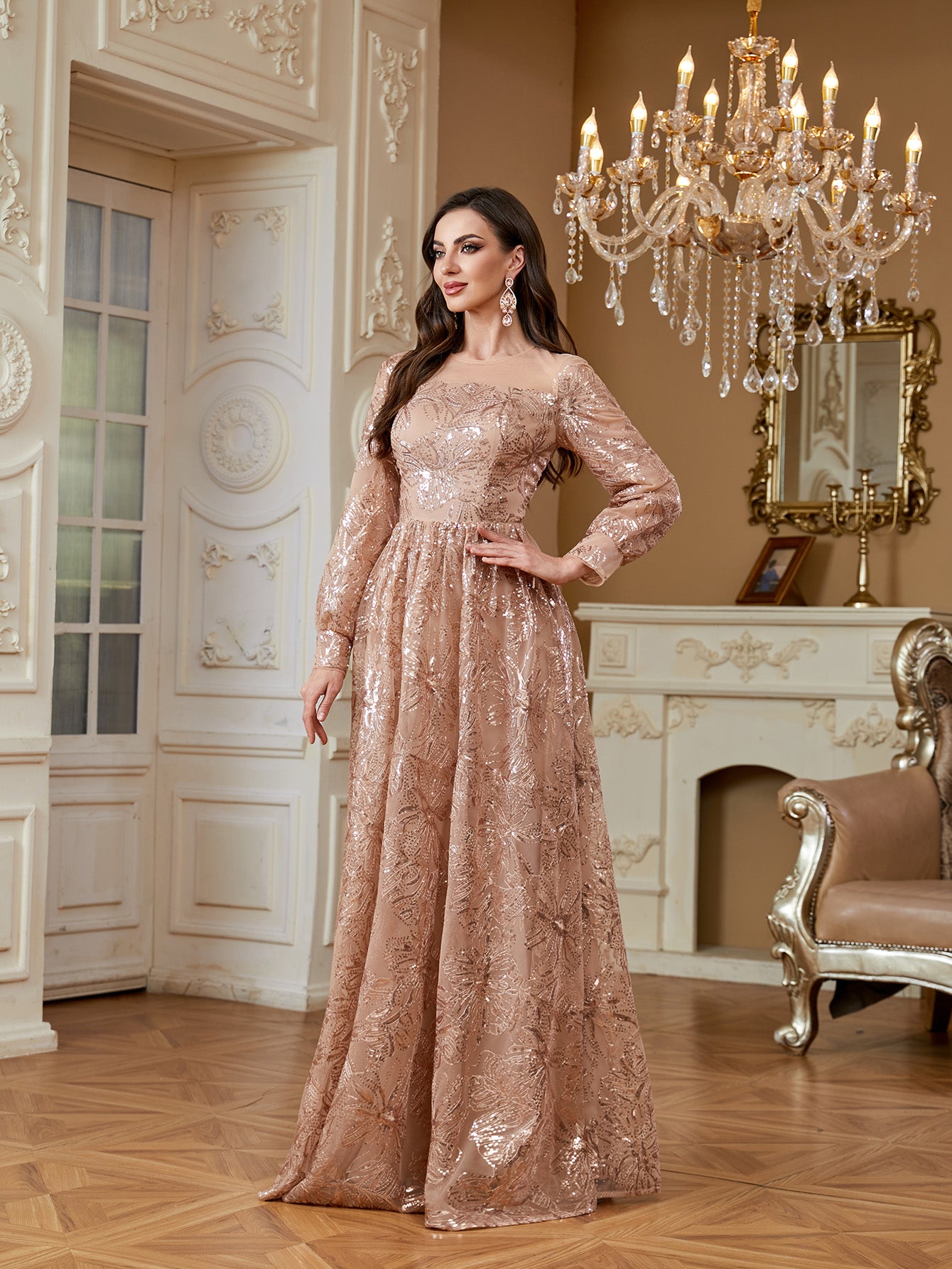 Rose Gold Floral Sequin Long Sleeve A‑Line Evening Gown