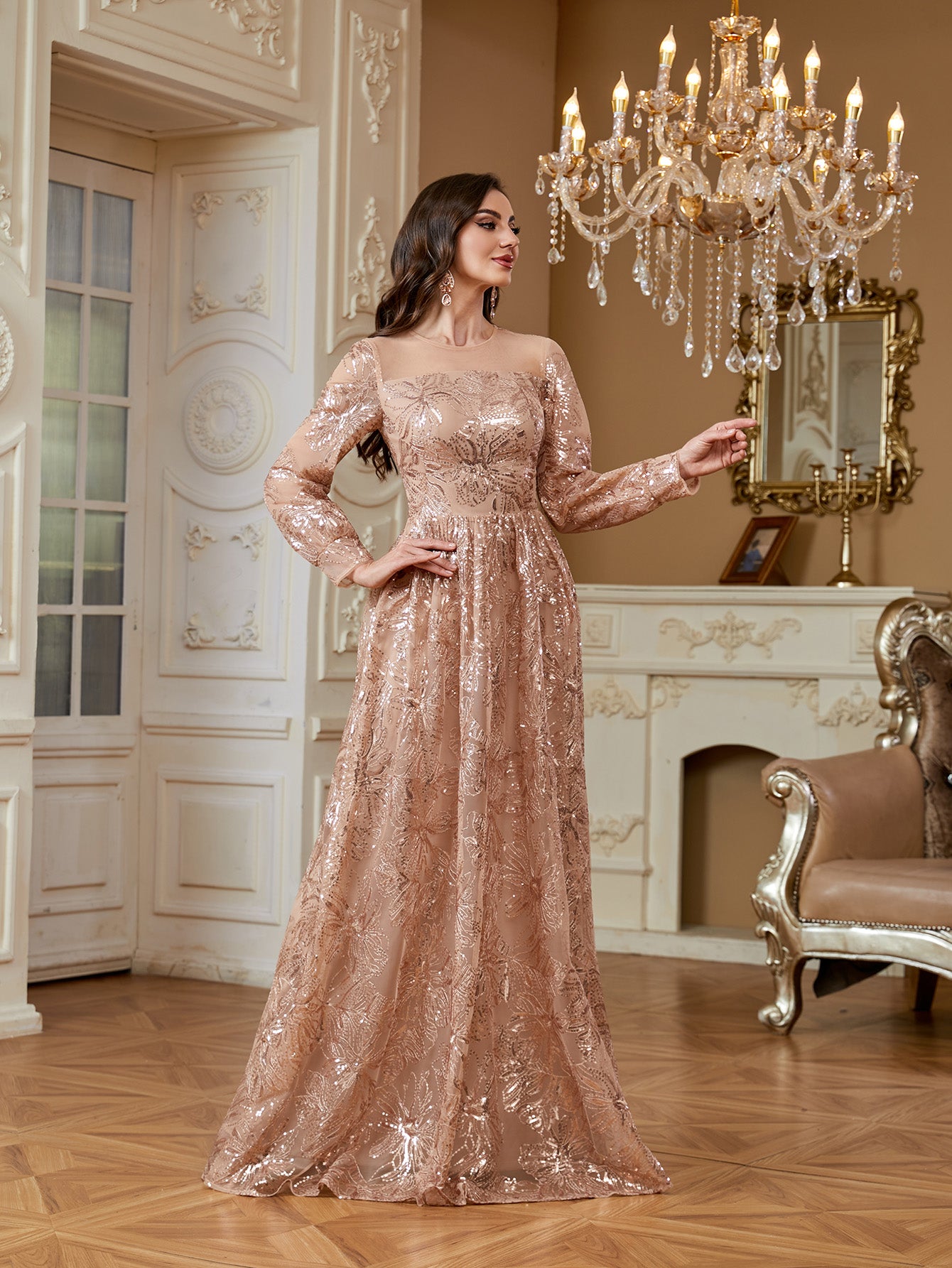 Rose Gold Floral Sequin Long Sleeve A‑Line Evening Gown