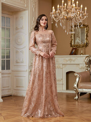 Rose Gold Floral Sequin Long Sleeve A‑Line Evening Gown