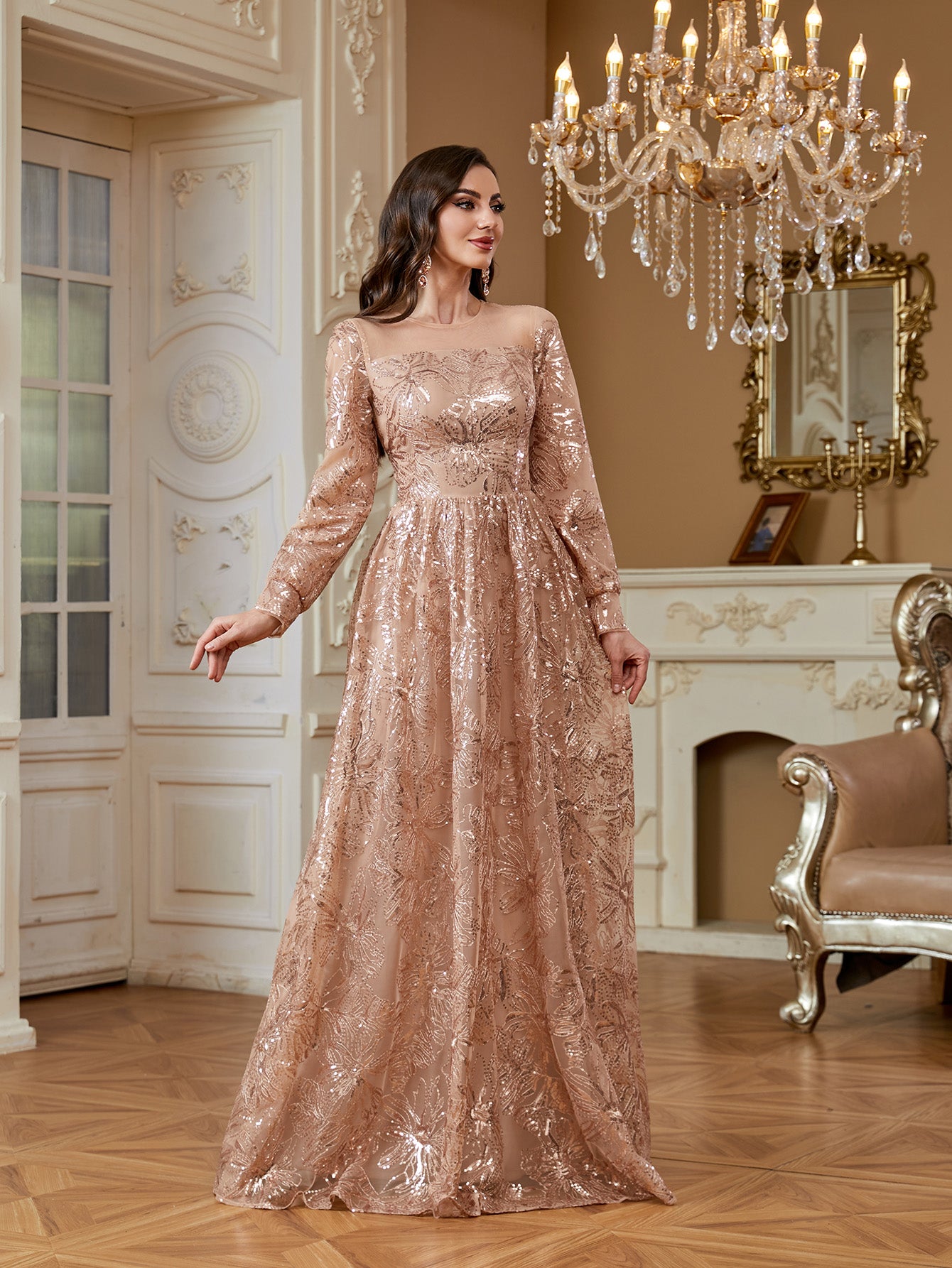 Rose Gold Floral Sequin Long Sleeve A‑Line Evening Gown