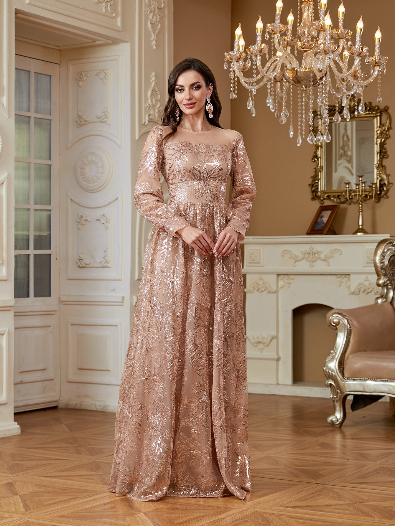 Rose Gold Floral Sequin Long Sleeve A‑Line Evening Gown