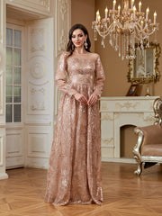 Rose Gold Floral Sequin Long Sleeve A‑Line Evening Gown
