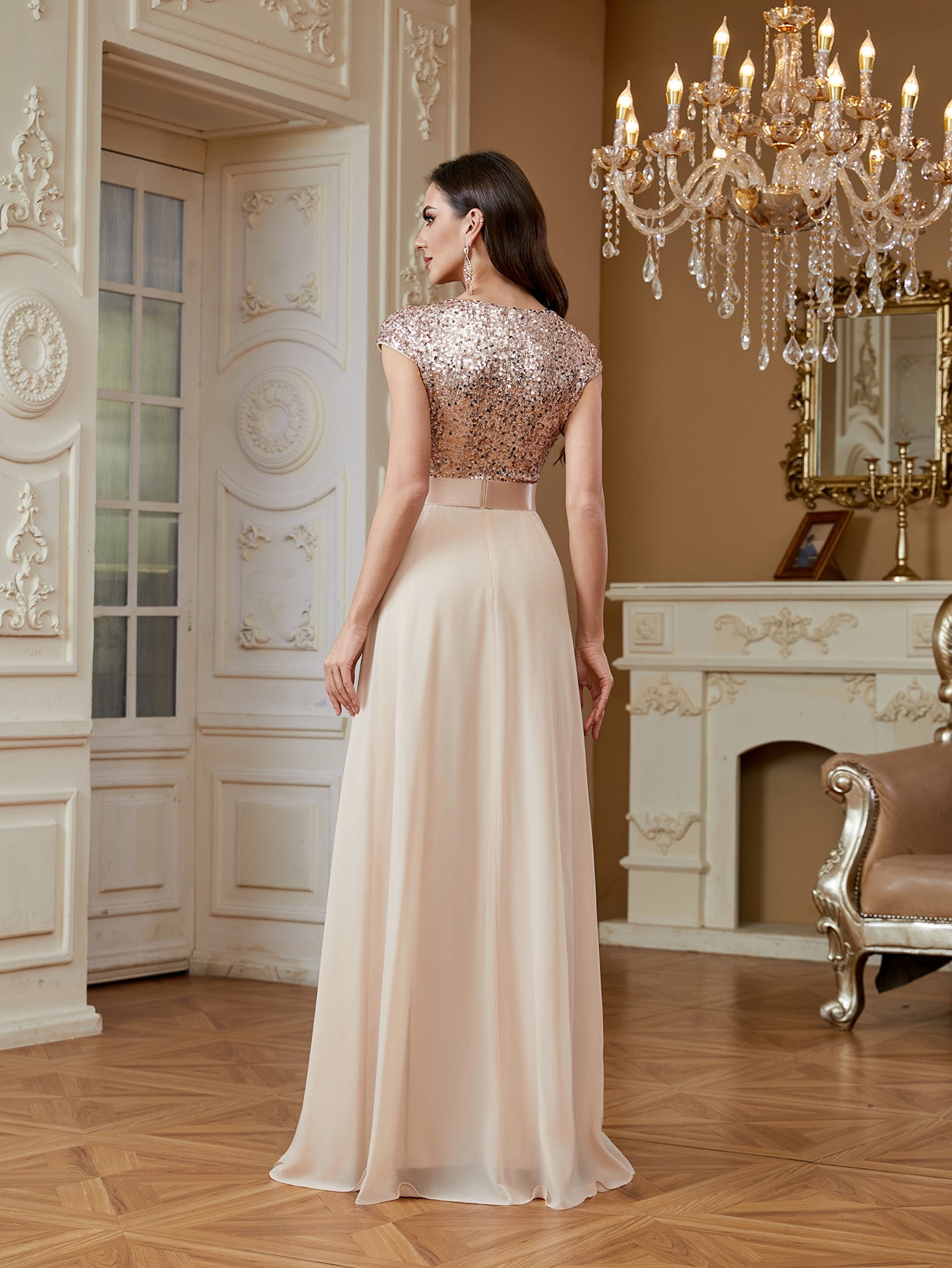 Champagne Sequin Cap Sleeve V Neck A Line Long Evening Dress