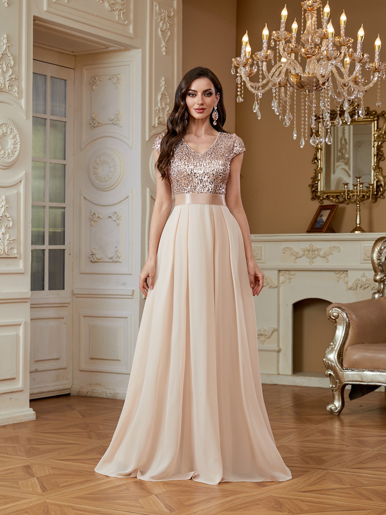 Champagne Sequin Cap Sleeve V Neck A Line Long Evening Dress