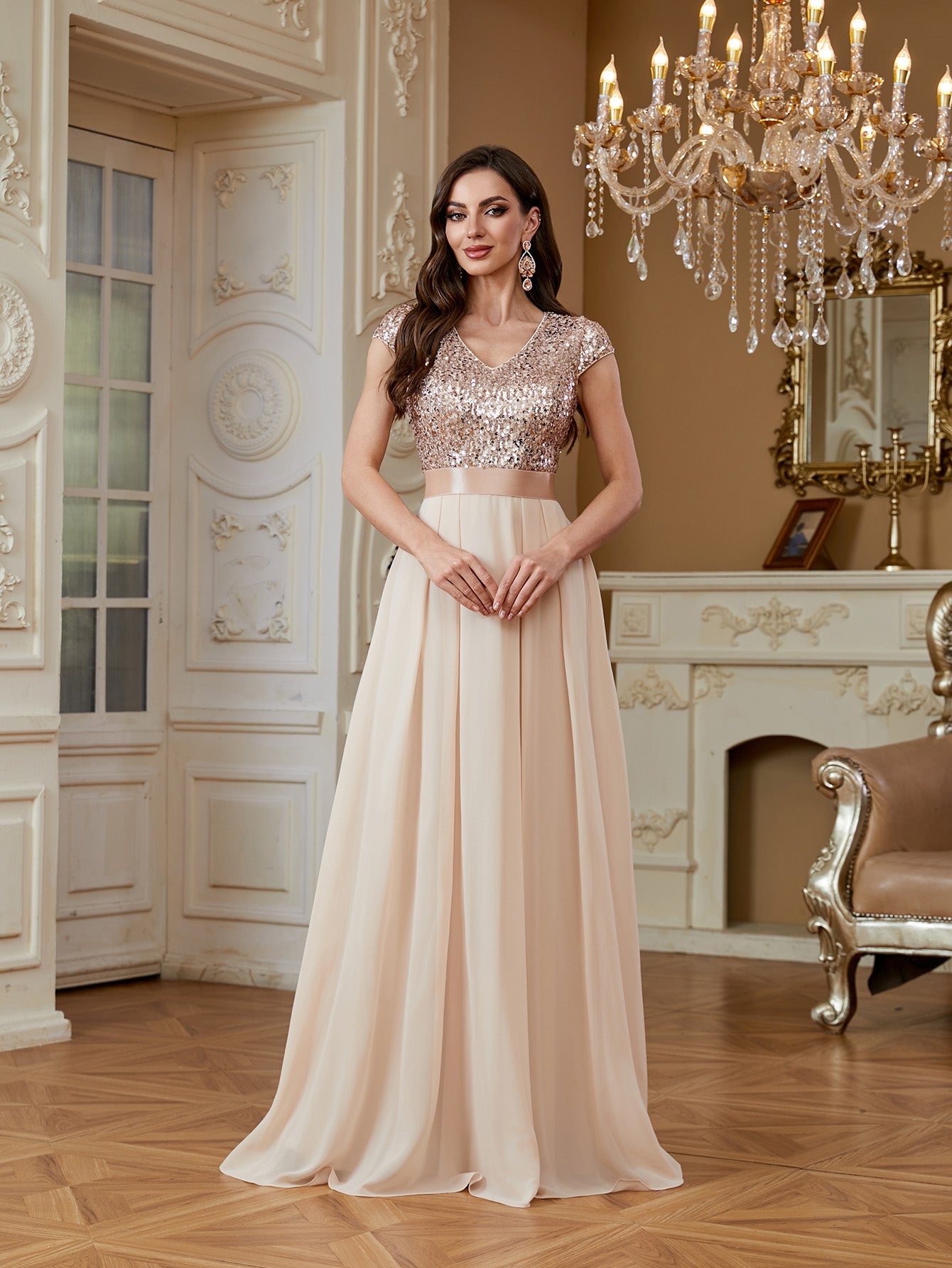 Champagne Sequin Cap Sleeve V Neck A Line Long Evening Dress