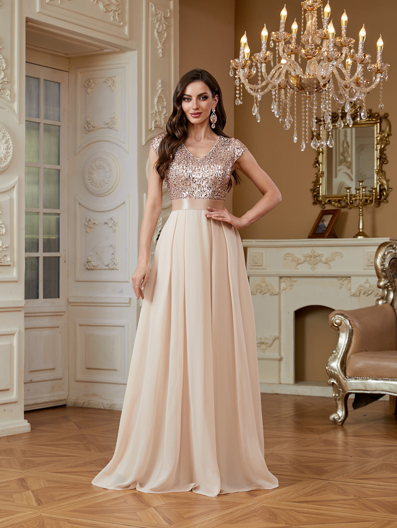 Champagne Sequin Cap Sleeve V Neck A Line Long Evening Dress