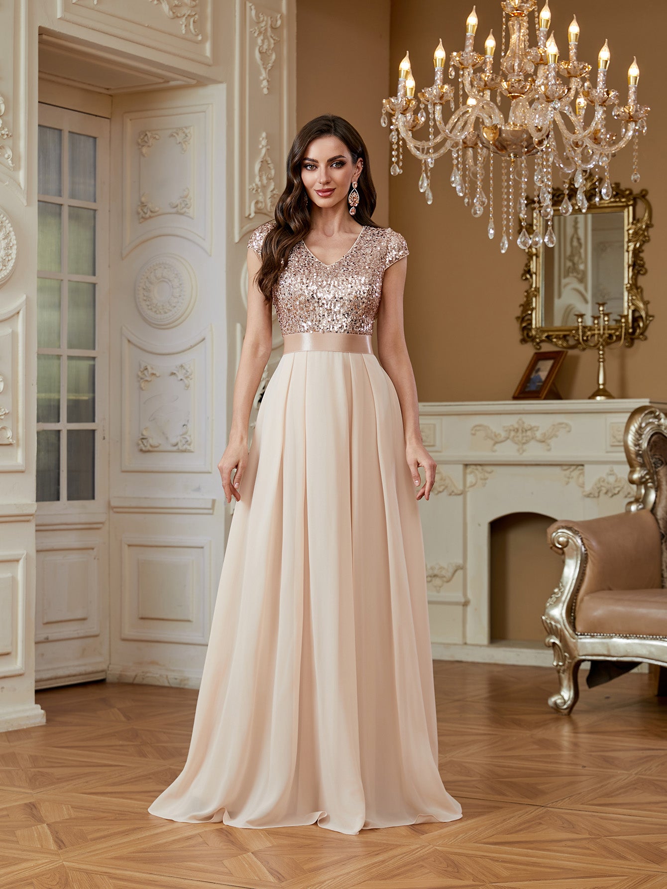 Champagne Sequin Cap Sleeve V Neck A Line Long Evening Dress