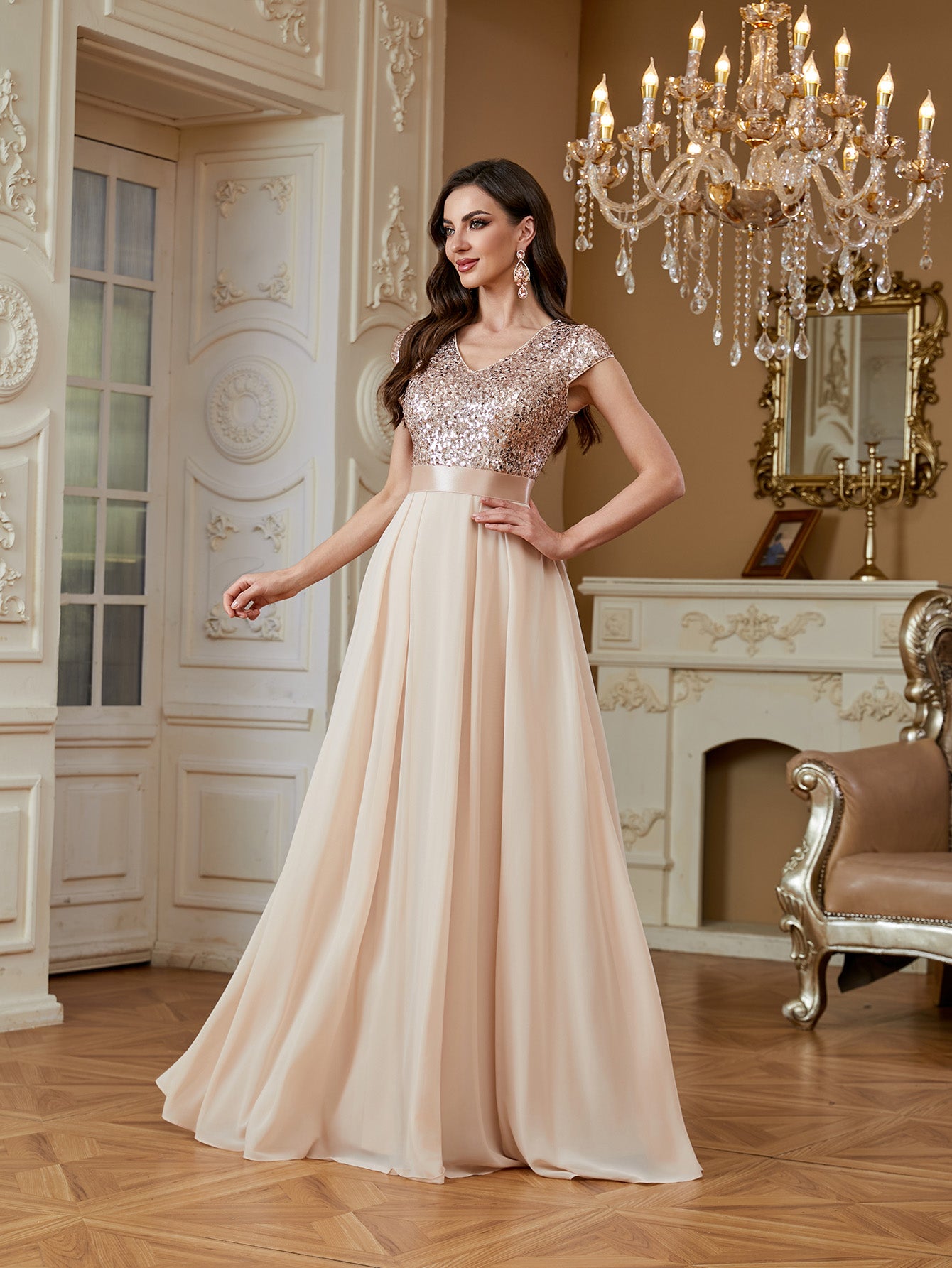 Champagne Sequin Cap Sleeve V Neck A Line Long Evening Dress