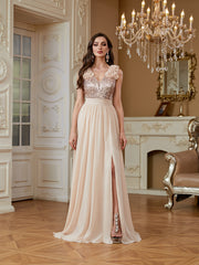 Champagne Sequin Floral V Neck Split A Line Long Evening Dress