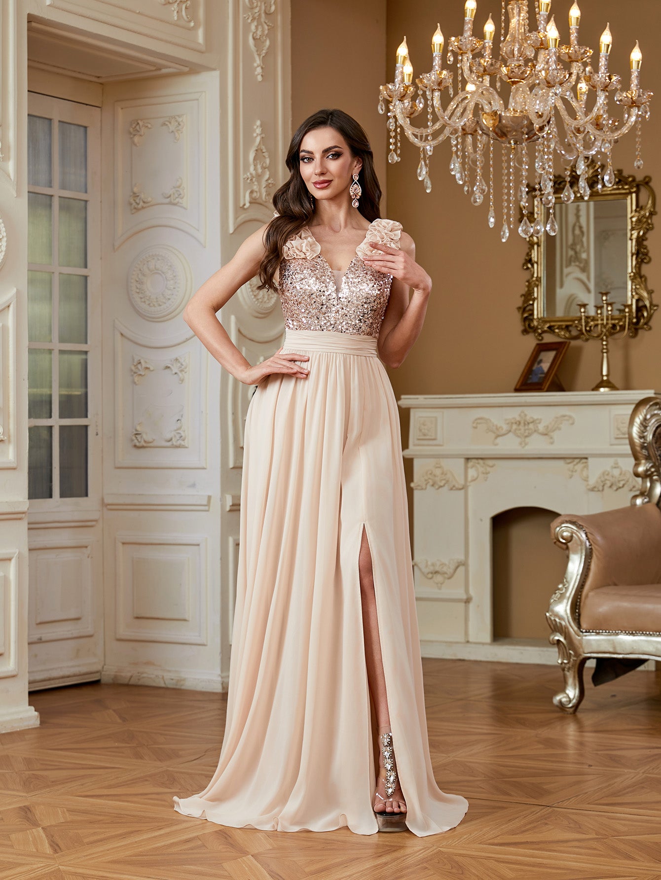Champagne Sequin Floral V Neck Split A Line Long Evening Dress