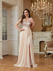 Champagne Sequin Floral V Neck Split A Line Long Evening Dress