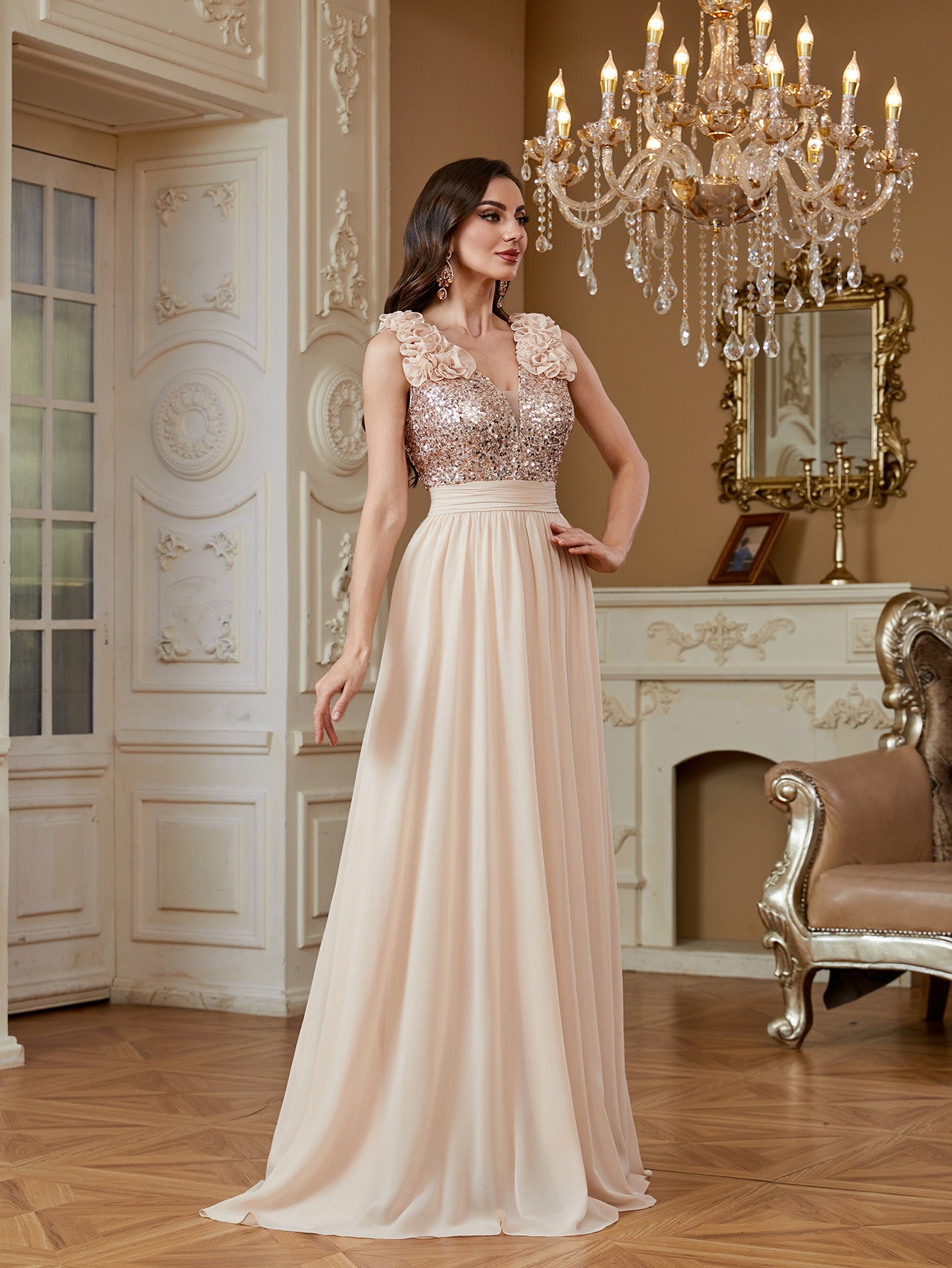 Champagne Sequin Floral V Neck Split A Line Long Evening Dress