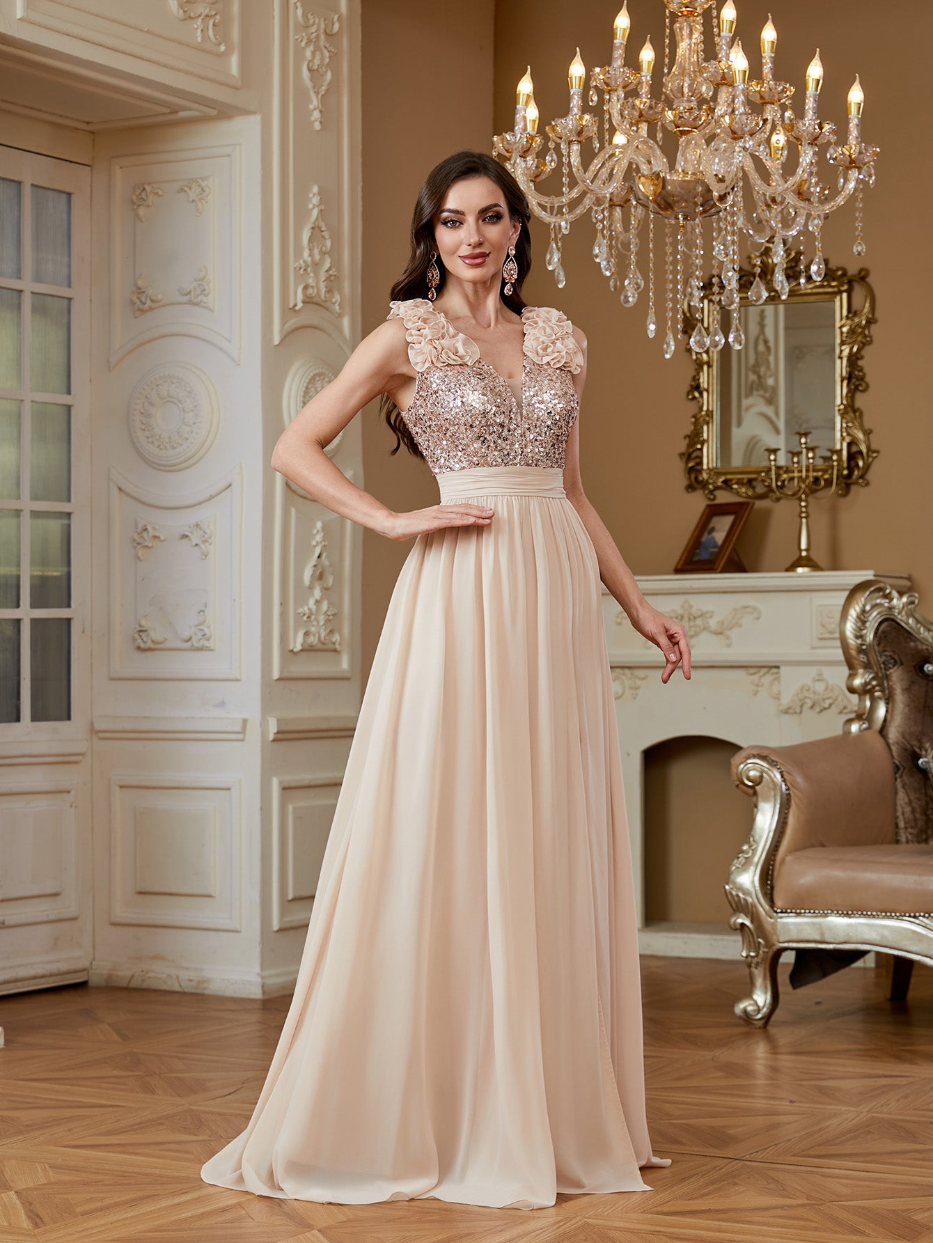 Champagne Sequin Floral V Neck Split A Line Long Evening Dress