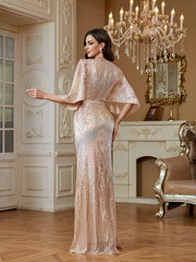 Champagne Gold 3D Flower Cape Sleeve Mermaid Evening Gown