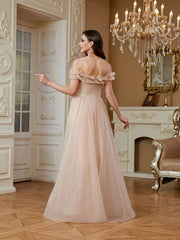 Nude Champagne Ruffle Off‑Shoulder Mermaid Evening Gown