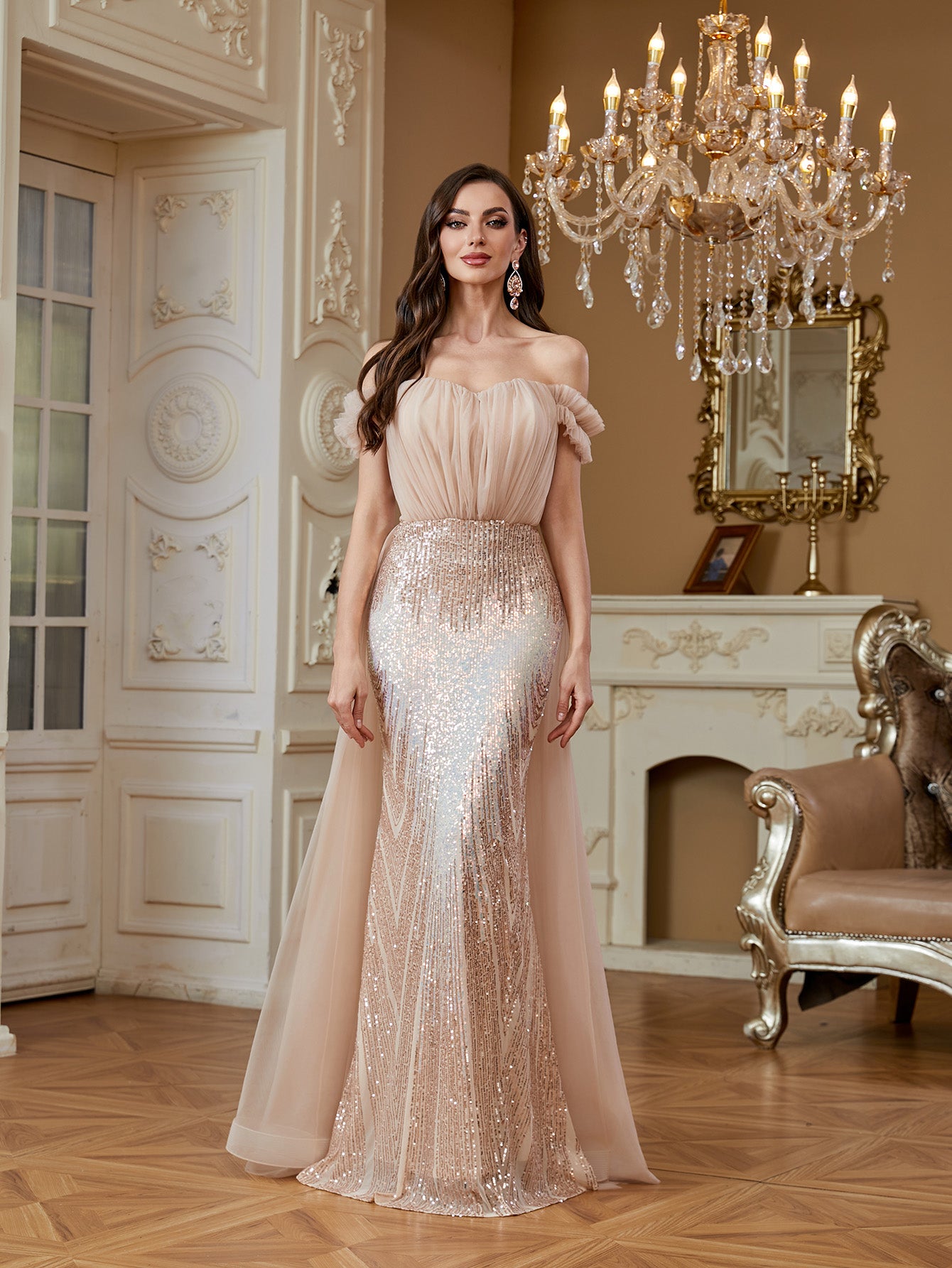Nude Champagne Ruffle Off‑Shoulder Mermaid Evening Gown
