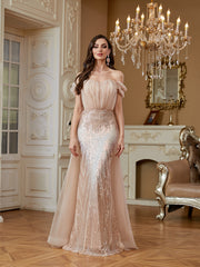Nude Champagne Ruffle Off‑Shoulder Mermaid Evening Gown