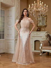 Nude Champagne Ruffle Off‑Shoulder Mermaid Evening Gown