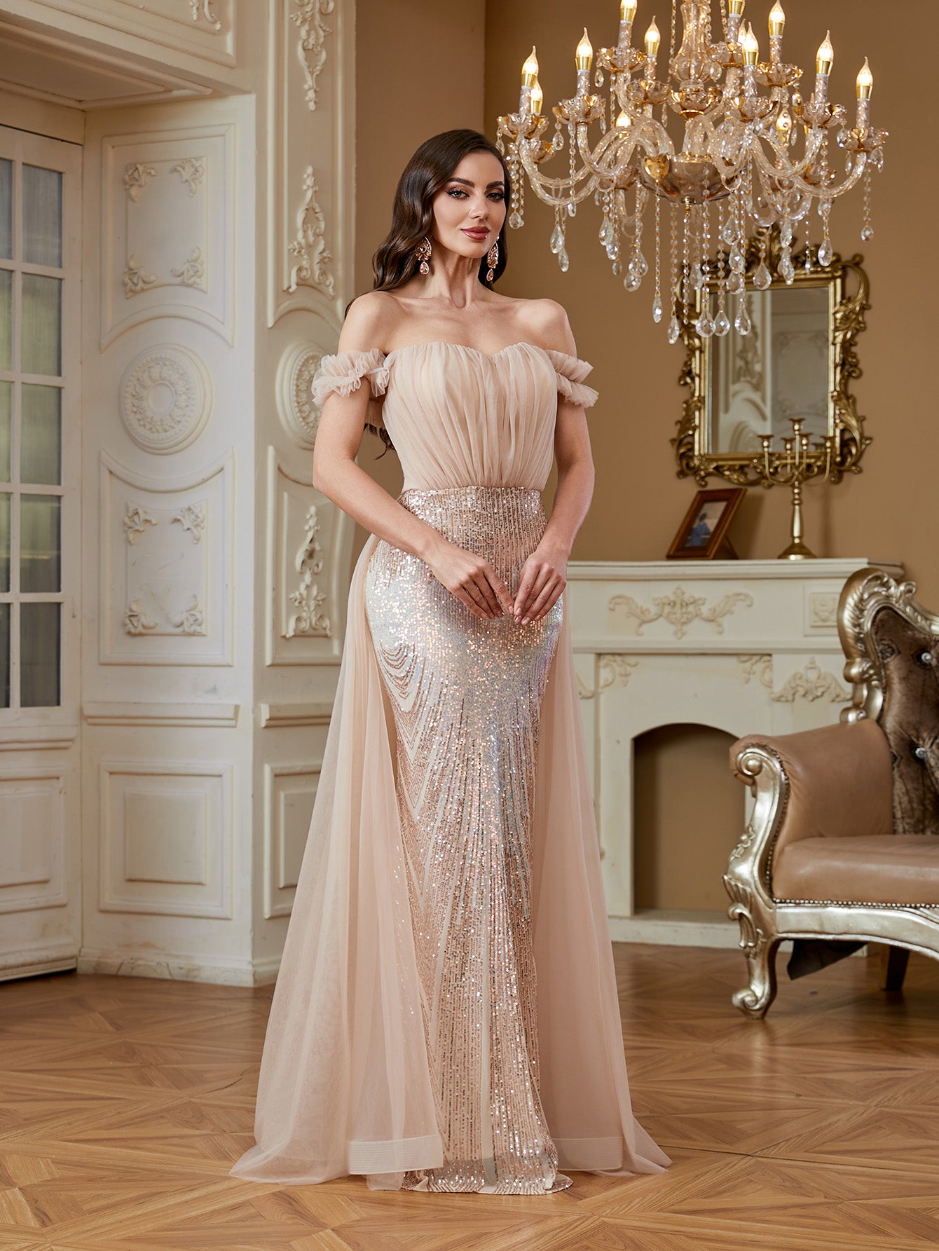 Nude Champagne Ruffle Off‑Shoulder Mermaid Evening Gown