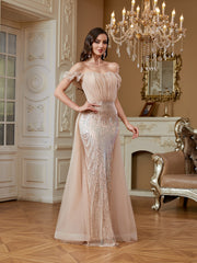 Nude Champagne Ruffle Off‑Shoulder Mermaid Evening Gown