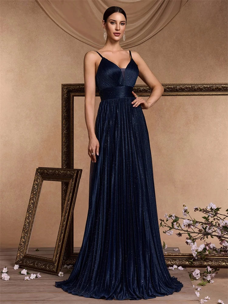 XUIBOL | Elegant Evening Dress Sexy V-Neck A-Line Floor-Length Gown Blue Backless Prom Party Women Maxi Cocktail Vestidos