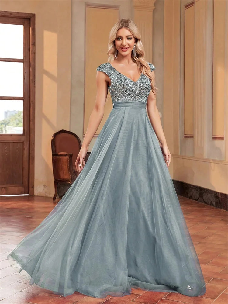 XUIBOL | Elegant Blue Sequins Evening Dress Luxury 2025 Women Long Formal A-Line Prom Party Dress Sleeveless Cocktail Dresses