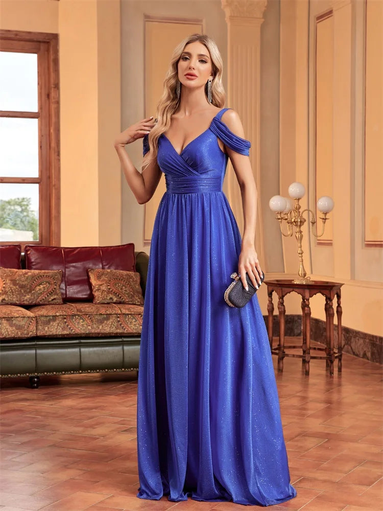 XUIBOL | Elegant Blue Suspenders Evening Dress Women 2024 Shining A-line Wedding Party Maxi Gown