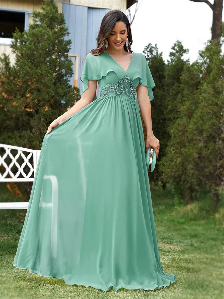 XUIBOL | Elegant Chiffon Short sleeve  2024 Luxury Women Bridesmaid Party Dress Cocktail Prom Gowns