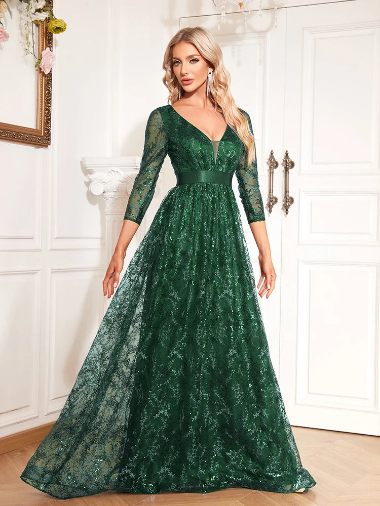 XUIBOL Elegant Green Sexy V-Neck Floral Evening Dress Long 2024 Luxury Women Long Sleeve Party Prom Sequin Cocktail Dress Gown