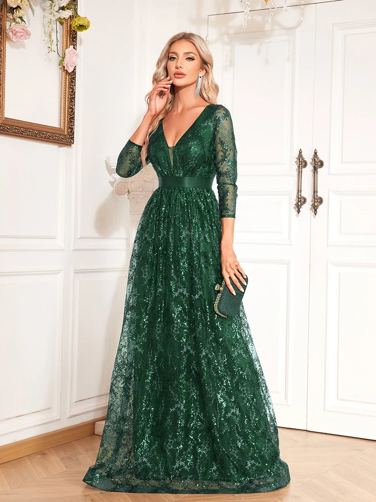 XUIBOL Elegant Green Sexy V-Neck Floral Evening Dress Long 2024 Luxury Women Long Sleeve Party Prom Sequin Cocktail Dress Gown