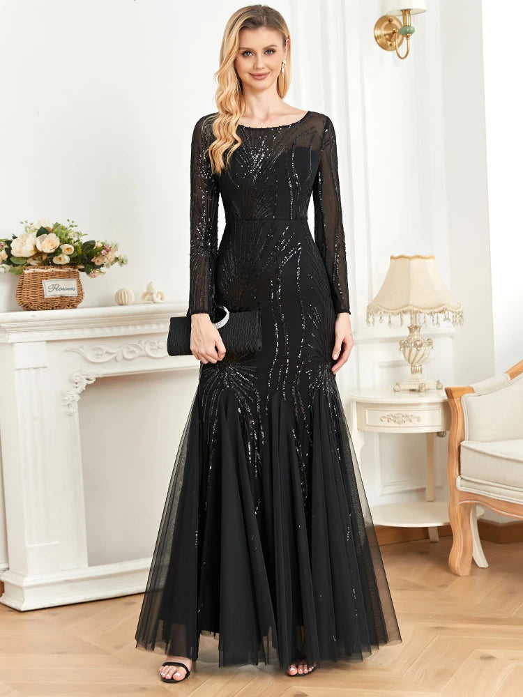 XUIBOL Elegant O Neck Black Sequins Evening Dress Long Sleeves Tulle Wedding Party Maxi Dress 2024 Women Floor Lenght Prom Dress