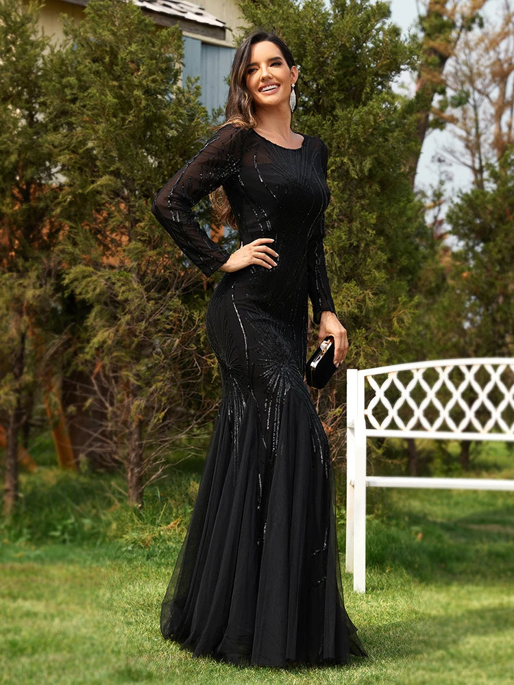 XUIBOL | Elegant O Neck Black Sequins Evening Dress Long Sleeves Tulle Wedding Party Maxi Dress