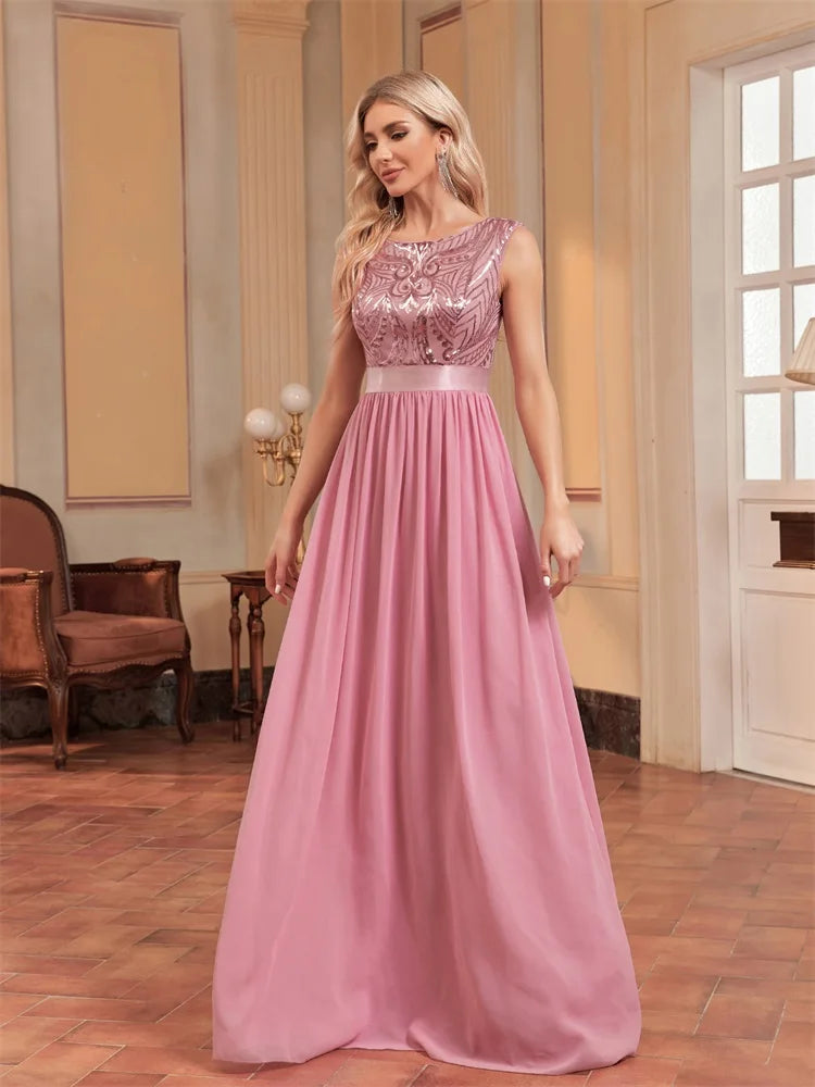 XUIBOL | Elegant O-Neck Sequins Evening Dress For Women Short Sleeve Chiffon Party Maxi Bermaid Dress