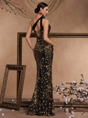 Elegant Oblique shoulder Slit Evening Dress