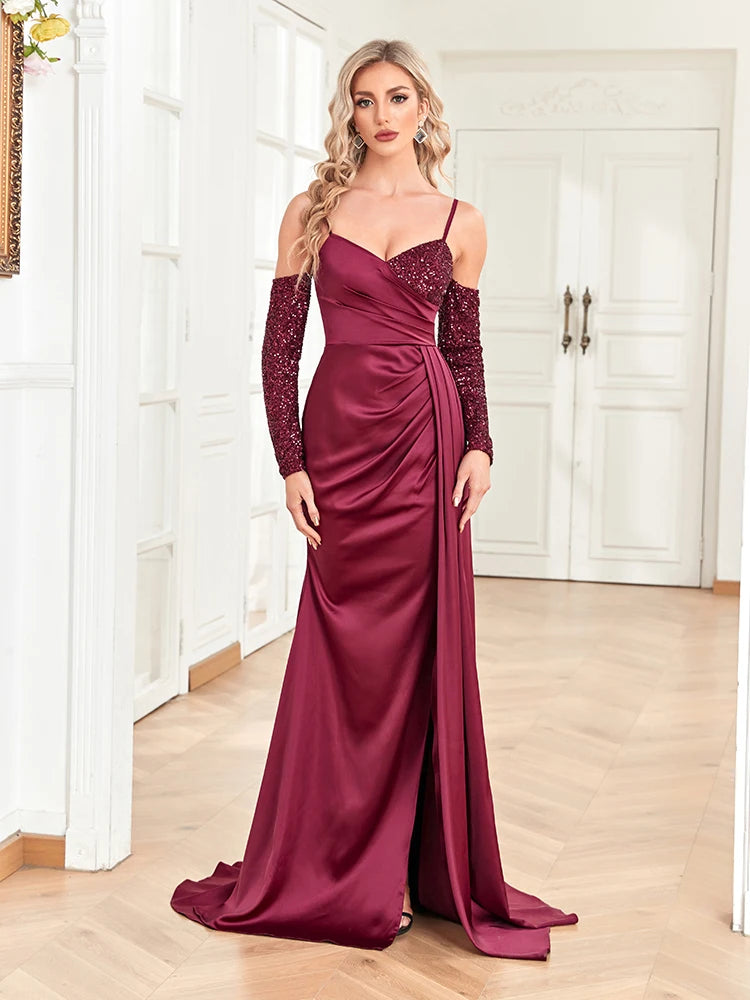 XUIBOL | Elegant Sequin Deep V Neck Evening Dress 2024 Women Sexy Backless Prom Slit Satin Floor Lenght