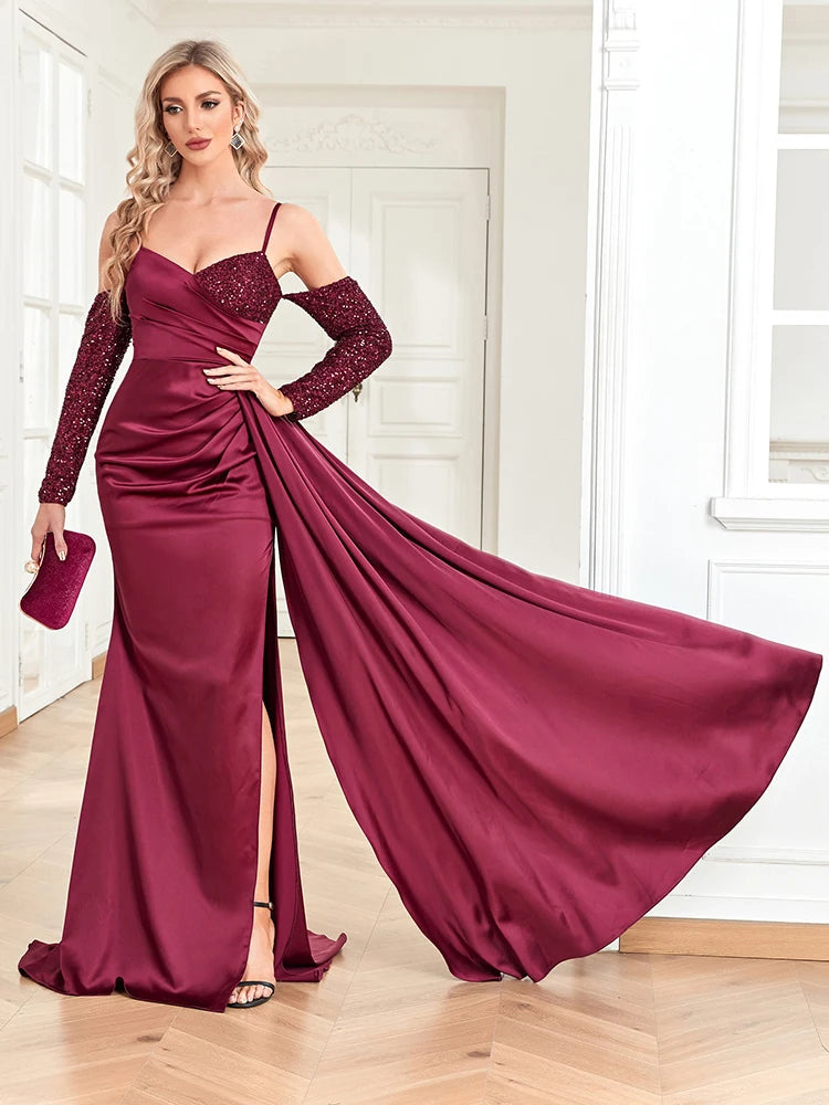 XUIBOL | Elegant Sequin Deep V Neck Evening Dress 2024 Women Sexy Backless Prom Slit Satin Floor Lenght