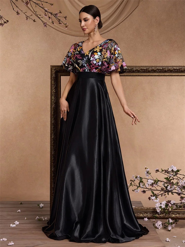 XUIBOL Elegant Sequins Floral Formal Evening Dress long 2025 Luxury Women Flare Short sleeve Satin Party Prom Cocktail Gowns