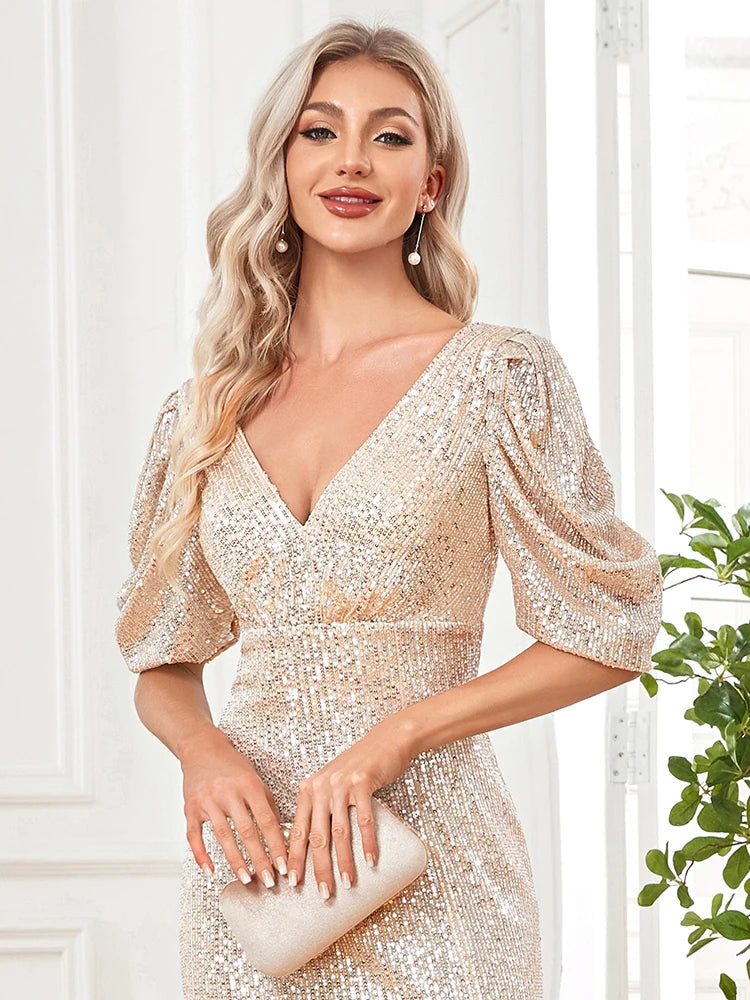 XUIBOL | 2024 Women Slit Cocktail Dress V-neck Wedding Party Maxi vestidos