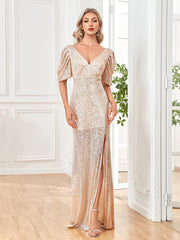Women Slit Cocktail Dress V-neck Wedding Party Maxi vestidos