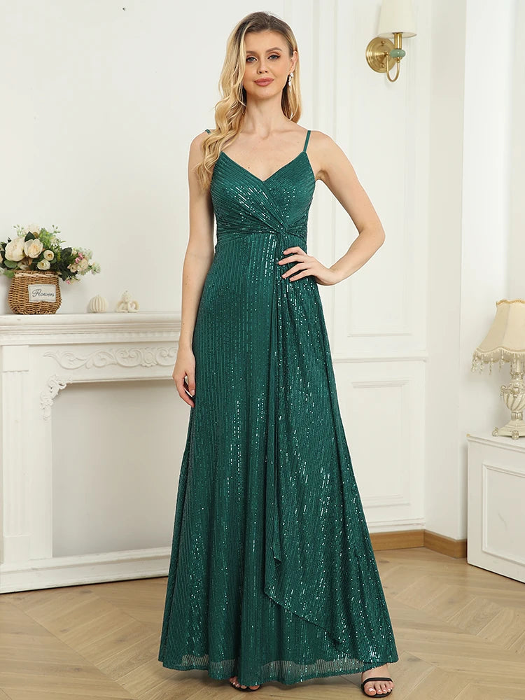 XUIBOL Elegant Suspenders V-Neck Evening Dress Women Sexy Wedding Party Sequins Long DressFor Formal Guests Green Prom