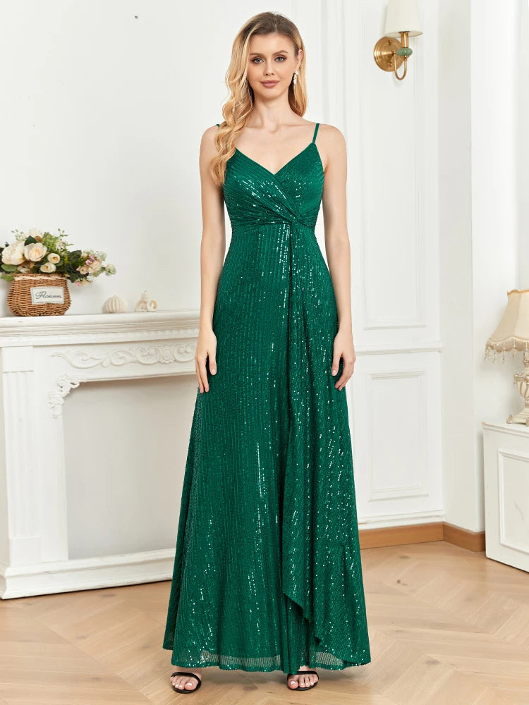 XUIBOL Elegant Suspenders V-Neck Evening Dress Women Sexy Wedding Party Sequins Long DressFor Formal Guests Green Prom