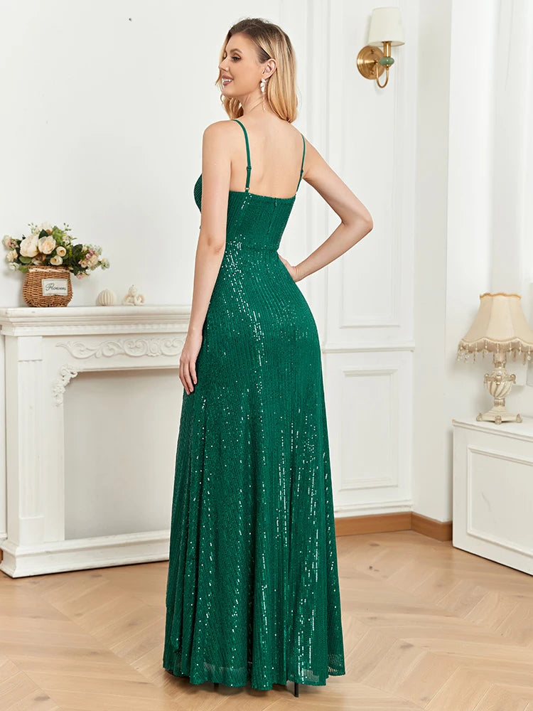 XUIBOL Elegant Suspenders V-Neck Evening Dress Women Sexy Wedding Party Sequins Long DressFor Formal Guests Green Prom